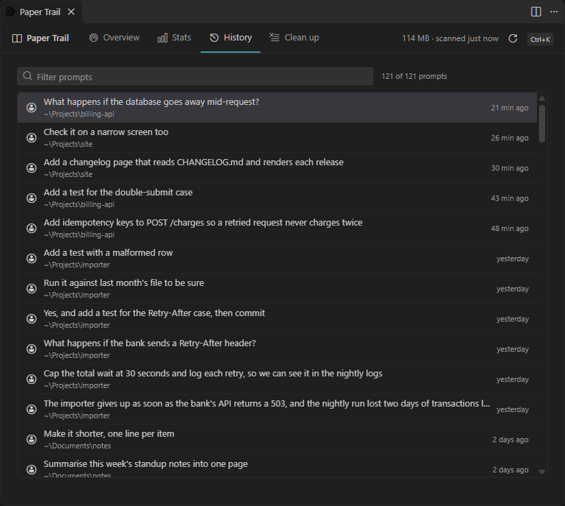 The History tab: every prompt, newest first, with its project