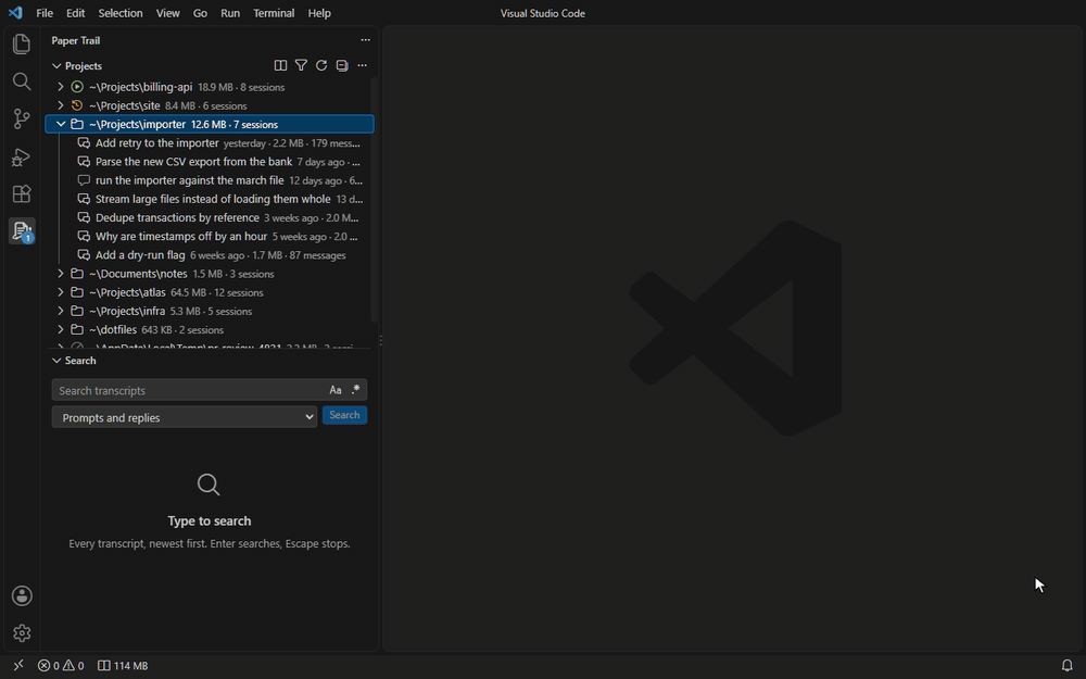 A session opened from the Projects view: a tool call and a subagent expanded, a jump to the next prompt twice, then find in the session stepping through matches