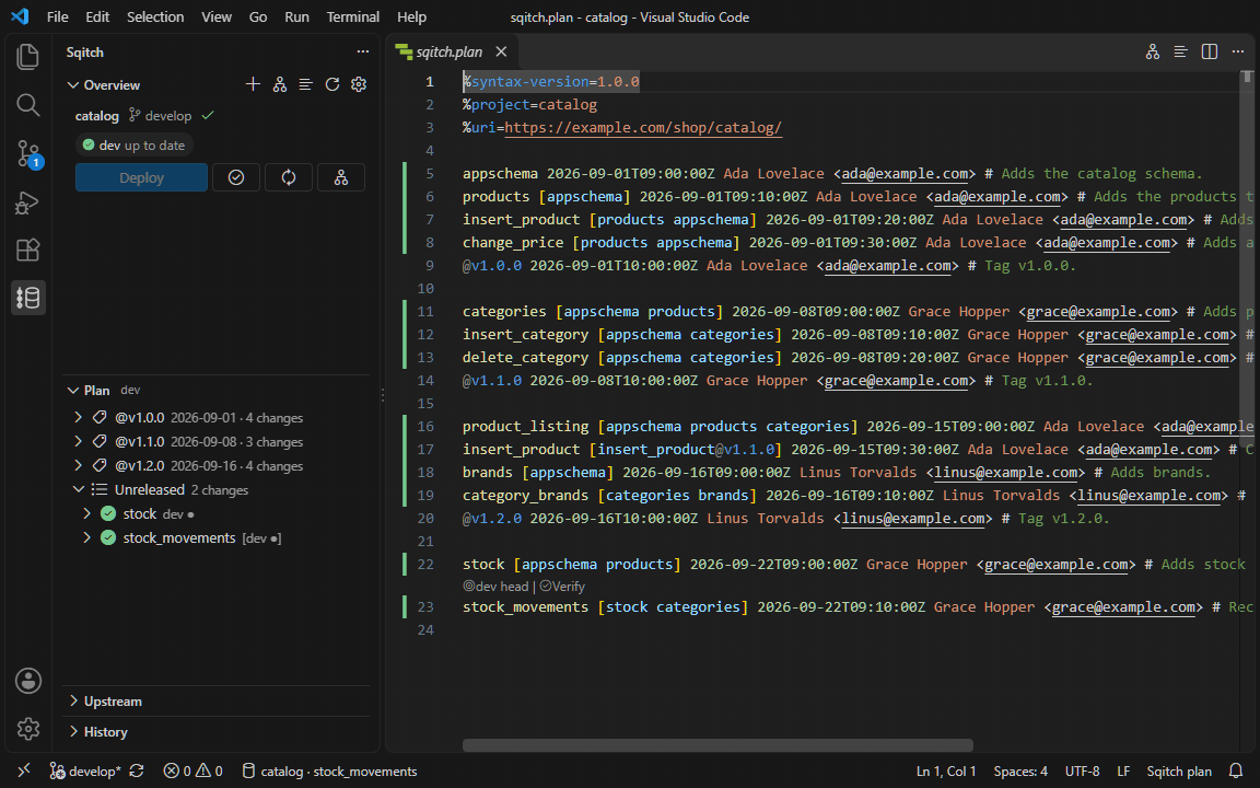 Hovering a change in sqitch.plan, then a misspelt dependency is flagged and undone