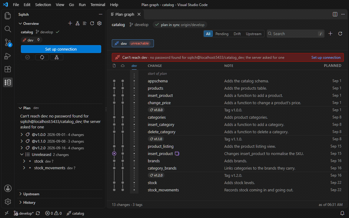 A database URI without a password: Set up connection lists what it tried, then a password is entered and the database connects